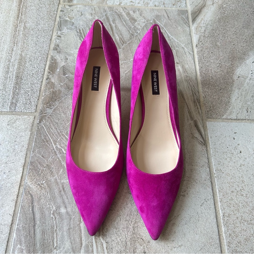Nine West Dark Pink Arlene Kitten Heel Pointy Toe Leather Suede Pumps Size 12M
